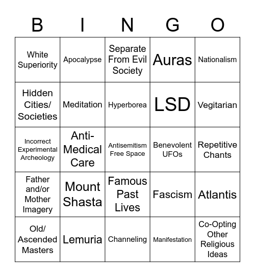 New Age Religion Bingo Card