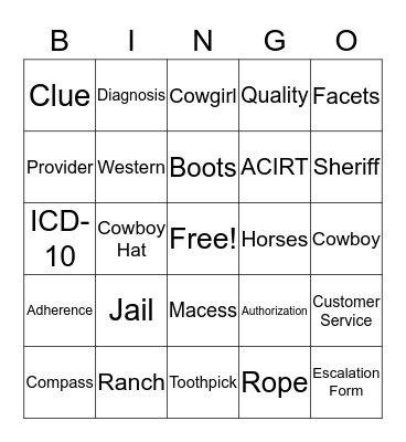 Wild West Bingo Card