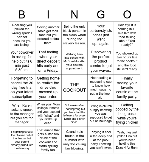 THE COOKOUT BINGO Card