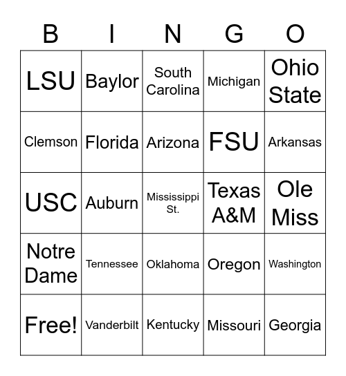 College Football Bingo Card