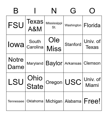 College Football Bingo Card