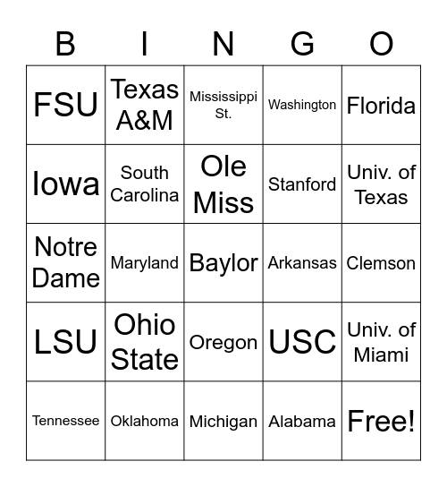 College Football Bingo Card