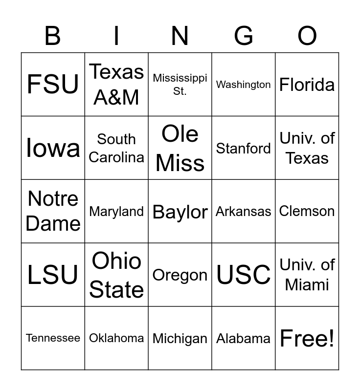 College Football Bingo Card