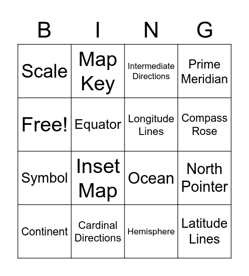 Map Vocabulary Words Bingo Card