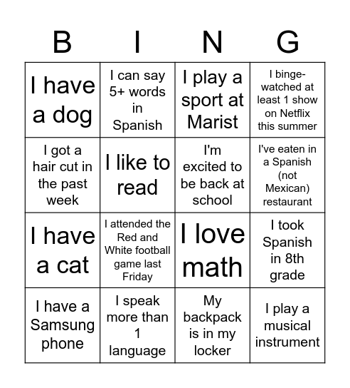 Get to know you Bingo Card