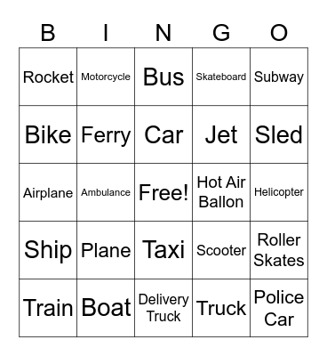 Transportation Bingo Card