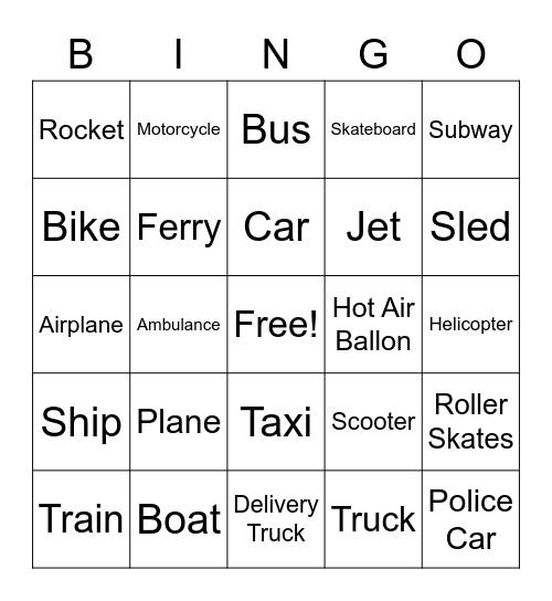 Transportation Bingo Card