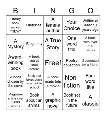 Summer Reading Challenge Bingo Card