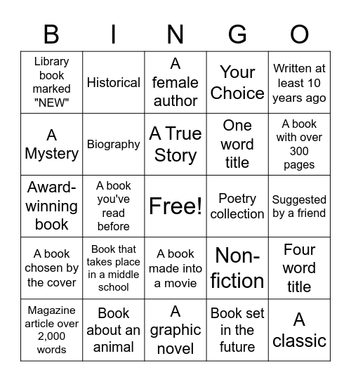 Summer Reading Challenge Bingo Card