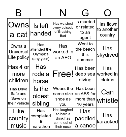 AFS Bingo Card