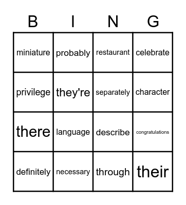 Frequently Misspelled Words Bingo Card