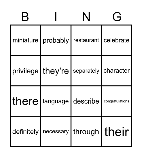 Frequently Misspelled Words Bingo Card