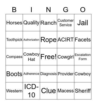 Wild West Bingo Card