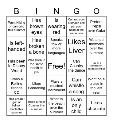 Welcome Back Bingo Card
