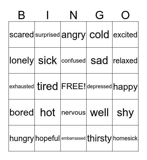 Feelings Bingo Card