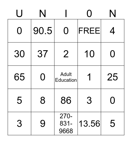 Union County Adult Education Bingo Card