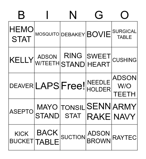 Surgical Bingo Card