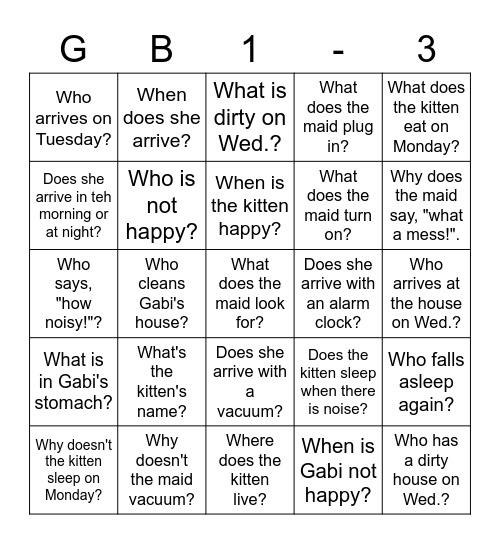 Gabi 1-3 question recognition Bingo Card