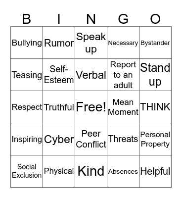 Anti-Bullying BINGO Card