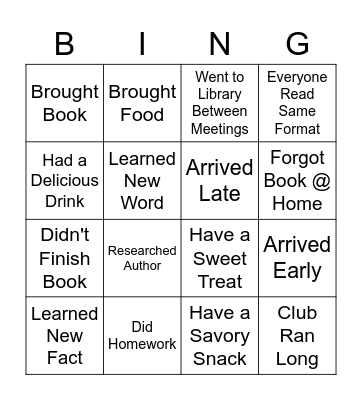 Book Club Bingo Card