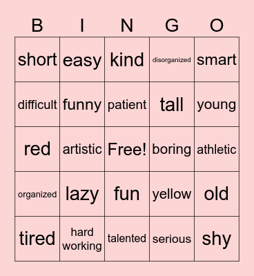 Adjectives Bingo Card