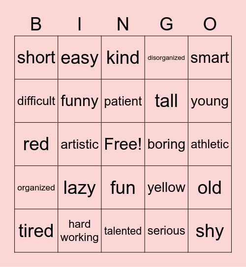 Adjectives Bingo Card