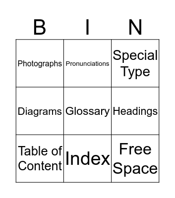 Nonfiction Text Features Bingo Card