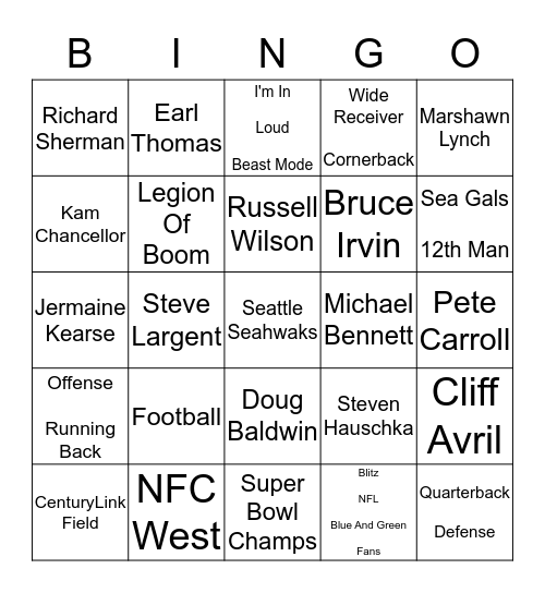 Seattle Seahawks Bingo Card