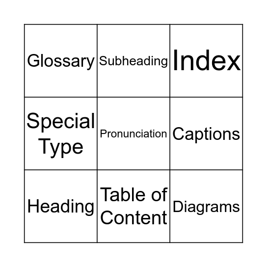 Nonfiction Text Features Bingo Card