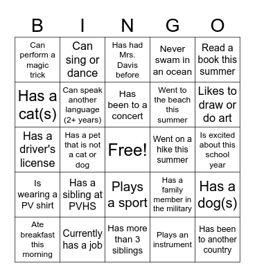 Back to School BINGO Card