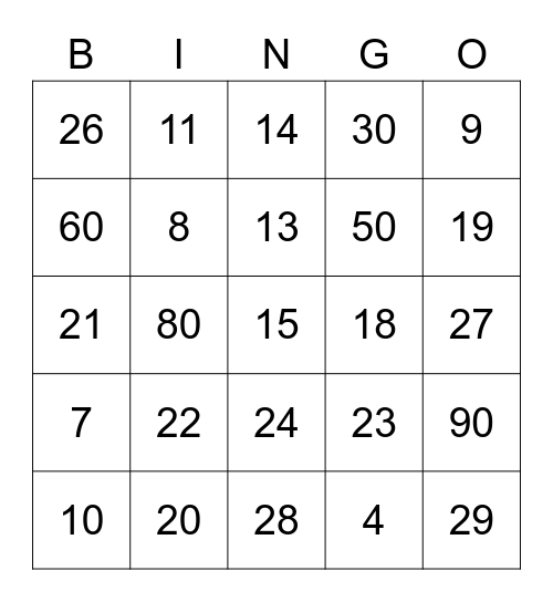 Beginning Numbers Bingo Card
