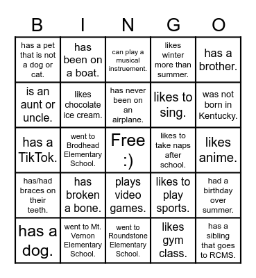 Icebreaker Bingo Card