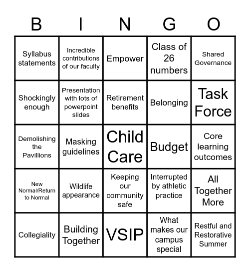 All Faculty Day 2022 Bingo Card