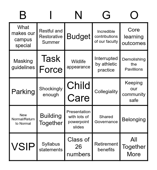 All Faculty Day 2022 Bingo Card