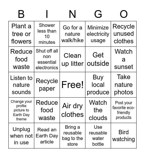 National Earth Day Bingo Card