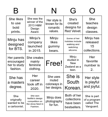 Minju Kim Bingo Card