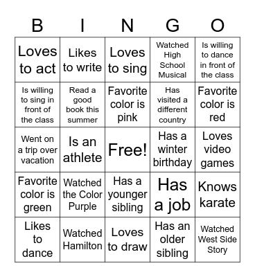 Dance Theater Bingo Card
