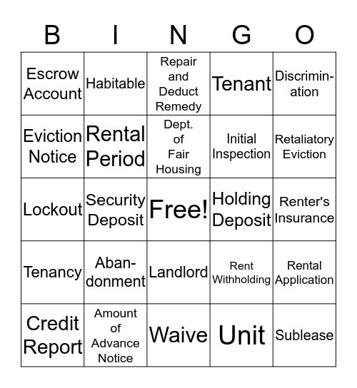 Renter's Bingo! Bingo Card