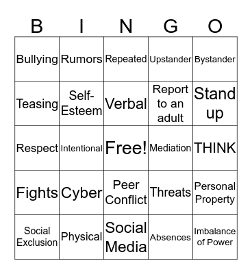 Anti-Bullying BINGO Card