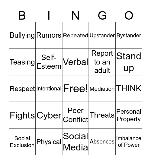 Anti-Bullying BINGO Card