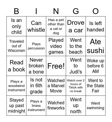 Summer Band Bingo! Bingo Card