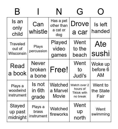 Summer Band Bingo! Bingo Card