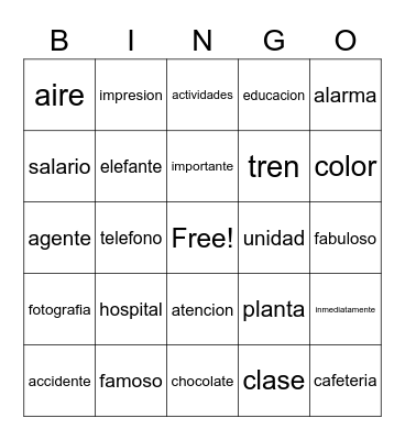 Cognates Bingo Card