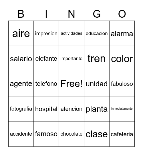 Cognates Bingo Card