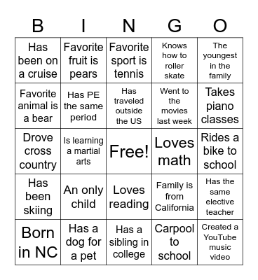 Getting To Know You Bingo Card