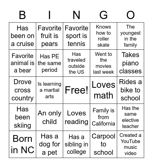 Getting To Know You Bingo Card