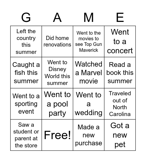 Common Interests Bingo Card