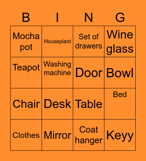 House ware Bingo Card