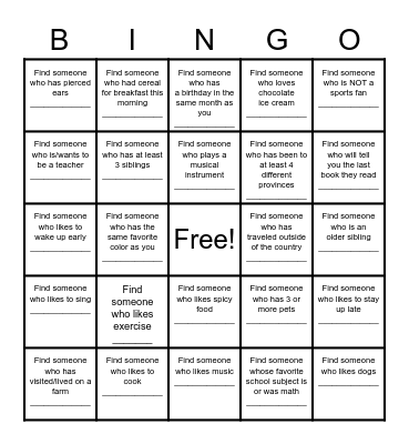 Find a Friend Bingo Card