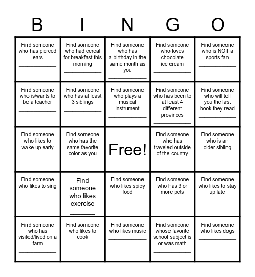 Find a Friend Bingo Card